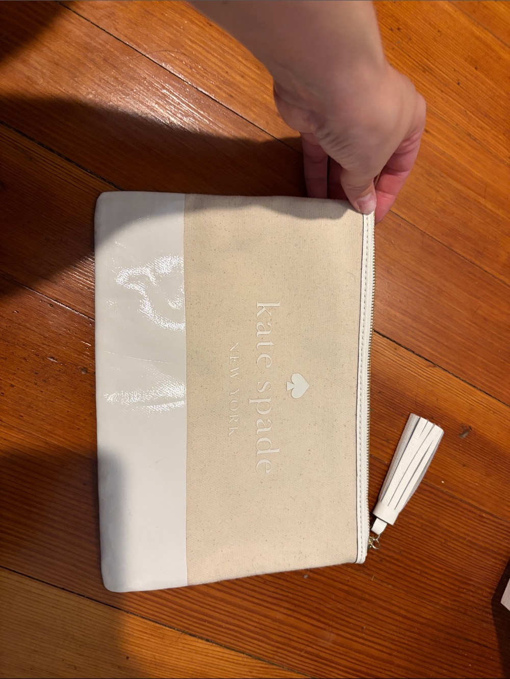 kate spade Beige and White Canvas Zip Pouch